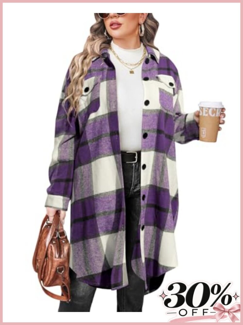 Plus Size Flannel Plaid Shacket Long Sleeve Oversized Button Down Shirt